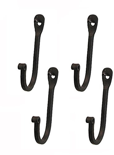 Early American Single Prong Wrought Iron Hooks, Set of 4 - Rustic Curved Metal Fasteners - Decorative Colonial Wall Décor