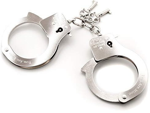 Fifty Shades of Grey You are Mine Metal Adjustable Handcuffs - Lockable Handcuffs with 2 Keys & Quick Release - Sexy Adult Games for Adults - With Satin Storage Bag - Silver