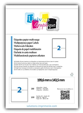 200 étiquettes 199,6 x 143,5 mm étiquettes d'expédition blanches adhésives personnalisables 200 etiquettes 199,6 x143,5mm soit 100 feuilles de 2 étiquettes type A5 pour imprimante jet d'encre