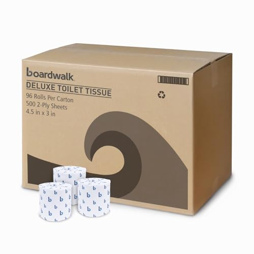 Boardwalk 2-Ply Bulk Toilet Paper Rolls for Professional and Commercial Use | 125 Feet Septic Safe Single Roll Toilet Paper Rolls | 500 White 4.5 x 3 Sheets per Roll | 96 Count per Box