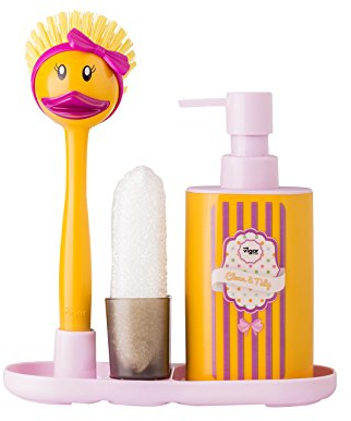 Vigar Ducks Set Fregadero con Cepillo, Esponja y dosificador para jabón, Material: Polipropileno, TPR,PVC Friendly, Amarillo y Violeta, Dimensiones: 21 x 8.50 x 24 cm