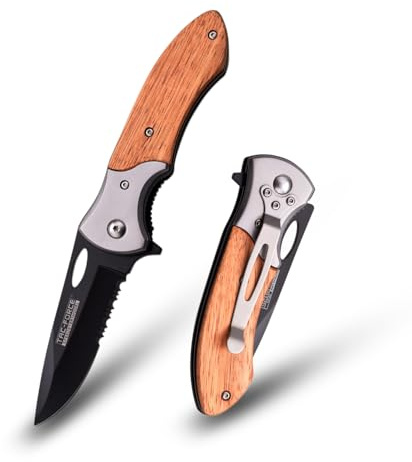 Tac-Force- Folding Pocket Knife –Partially Serrated, Black Stainless Steel Blade, Wood Handle w/Stainless Steel Bolster and Pocket Clip, Tactical, EDC, Rescue - TF-876