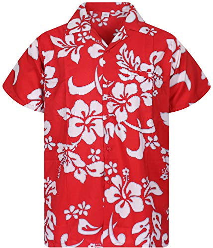 V.H.O. Funky Hawaii-Hemd, Herren, Kurzarm, Hibiscus, Eclectic-Rot, M