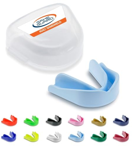 GAME GUARD protector bucal para hervir y morder/protector de encías - protector bucal moldeable/protectores de encías - Mayor/Adulto - Aprobado por CE, deportes escolares, fútbol, rugby (Azul Claro)