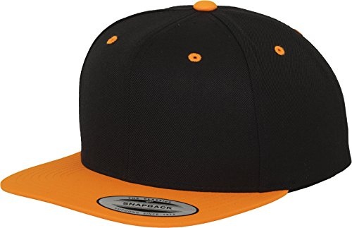 Yupoong Flexfit Unisex Kappe Classic Snapback 2-Tone, zweifarbige blanko Cap mit geradem Schirm, One Size Einheitsgröße für Männer und Frauen, Farbe blk/neonorange