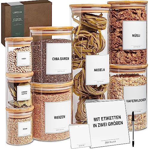 Greeano Vorratsgläser mit Deckel [ 8er|5900ml ] – Aufbewahrungsgläser – Vorratsdosen Glas – Vorratsglas – Aufbewahrungsglas mit Deckel – Vorratsgläser mit Holzdeckel