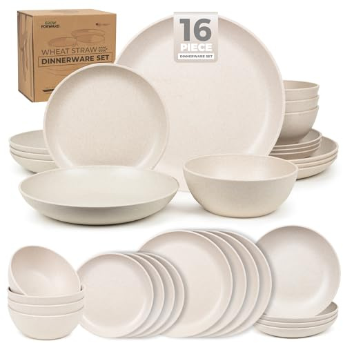 Grow Forward 16-piece Premium Wheat Straw Dinnerware Sets for 4 - Unbreakable Dishwasher & Microwave Safe Plastic Plates and Bowls Sets - Patio, Outdoors, RV, Camping Dishes - Sahara