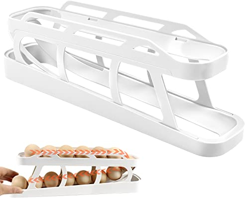 2-Tier Automatic Rolling Egg Dispenser - Space Saving Egg Holder/Storage/Box/Tray/Organiser/Container for Fridge & Kitchen Countertop, Holds 14 Medium Eggs - Durable Food Grades Plastic (White)