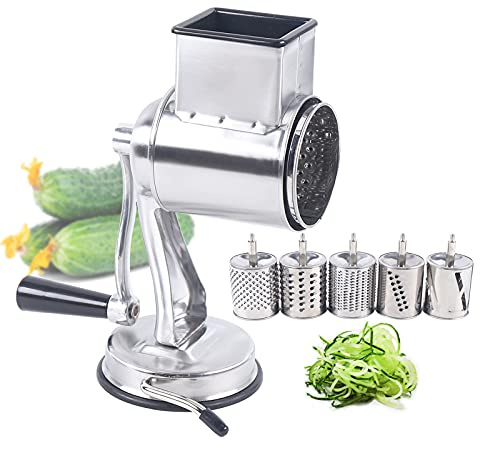 DOONARCES 5-in-1 Rotary Cheese Grater Hand Drum Slicer Manual Cheese Shredder Multi-function Stainless Steel Vegetable Chopper Cutter with 5 Blades for Fruit Potato Cucumber Lemon Nut, Silver(Type1)
