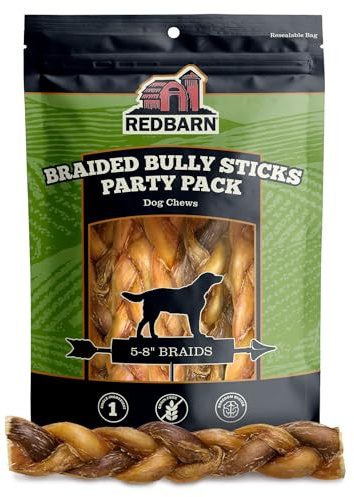 Redbarn Pet Products All Natural 5-8 Braided Bully Sticks for Small & Large Dogs - Healthy Long Lasting Beef Chews Variety Party Pack - Single Ingredient Low Odor Rawhide Free - 8 oz Bag