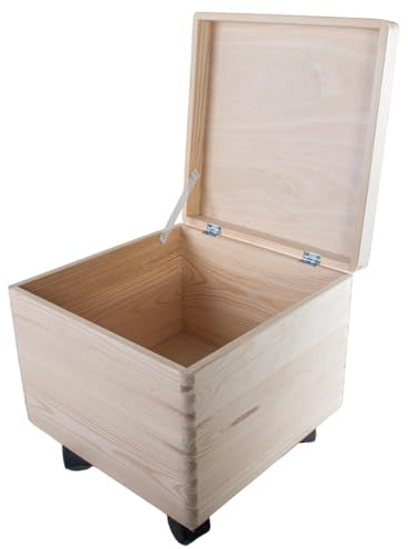 WooDeeDoo Square Deep Wooden Underbed Storage Box with Hinged Lid and Wheels Plain Pine Chest for Toys Crafts Memorabilia Unpainted DIY Keepsake 16L Box to Decorate Organisation 30 x 30 x 28 cm
