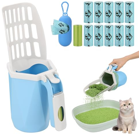 PWEZON Katzenstreuschaufel mit Beuteln, verbesserte Katzenstreuschaufel mit Halter und Abfallbehälter, Katzenschaufel mit extra 150 Müllbeuteln, tragbare Streuschaufel