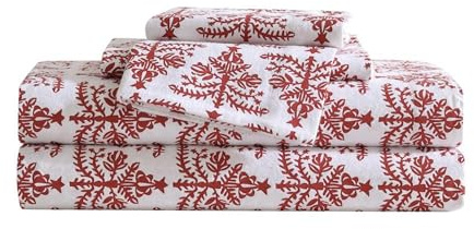 Eddie Bauer - Sábanas Queen, Juego de Ropa de Cama de Franela de algodón, Cepillado para Mayor suavidad, decoración acogedora del hogar, Certificado Oeko-Tex (Jolly Trees Red, Queen)