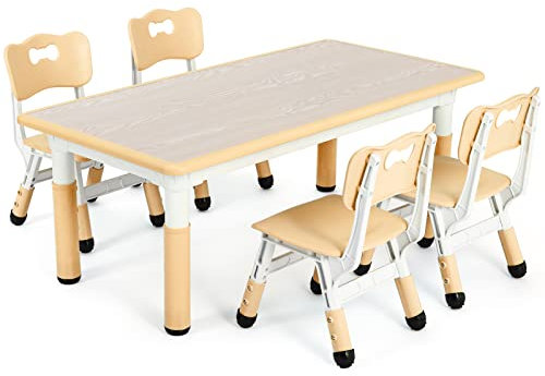 Clevich Kindertisch mit 4 Stühlen, Tisch Stuhl Set Höhenverstellbar,Kindertischgruppe für Kinderzimmer, Plastik Kindermöbel, Kindertisch und Stuhlset für Jungen Mädchen ab 2 Jahre (Gelb)