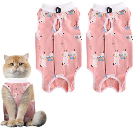 GOZINA 2 Pack Cat Recovery Suit, Breathable Cat Surgery Recovery Suit for Abdominal Wounds or Skin Diseases, Cone of Shame Alternative Anti-licking Onesie (L, Alpaca)