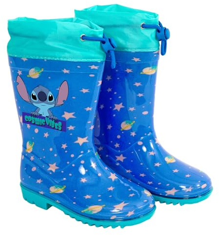 PERLETTI Stitch Bottes de Pluie Enfant Bleu avec Étoiles Roses - Bottines Imperméables Turquoise pour Petits Garçons Fille École Maternelle - Semelle Anti Dérapante et Cordon (Bleu, 30/31 EU)