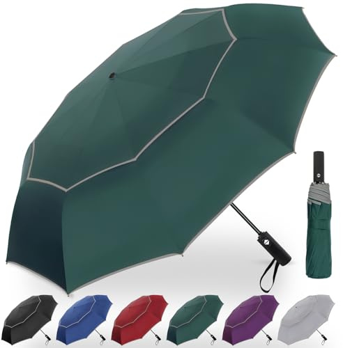 Satol Ombrello da Golf | Doppio Tetto & Ventilazione | Antitempesta & Apertura Automatica 62 Pollici | 10 Spine | Con Strisce Riflettenti (Verde Scuro con Bordo Grigio)