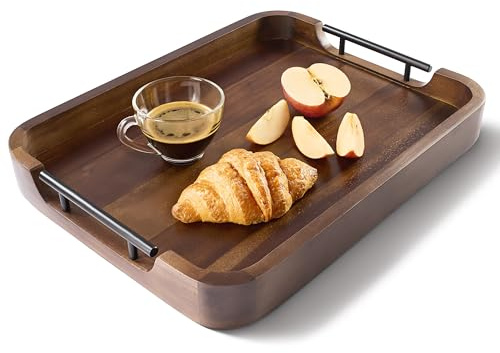 TIDITA Ottoman Tray for Living Room – 17x13 Rectangle Serving Tray with Handles – Acacia Wooden Tray for Coffee Table, Living Room, Breakfast in Bed – Decorative Trays for Ottoman (Walnut Color)