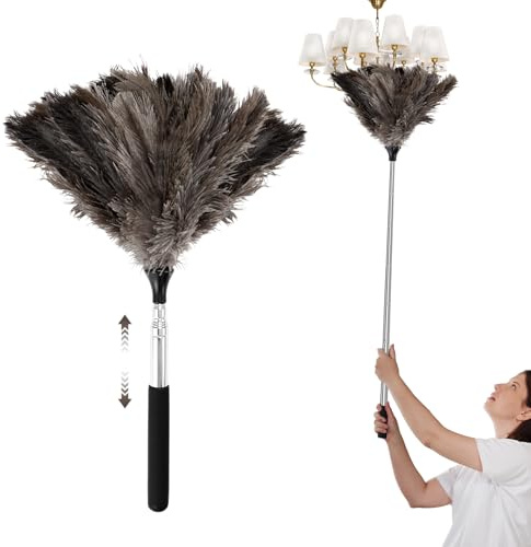 QGGTQG Plumero de avestruz con mango telescópico Plumero telescópico Largo Extensible Lavable Anti-estático Eficaz Capturador de polvo Ajustable de 43cm a 115cm para Superficies Altas Ventilador de