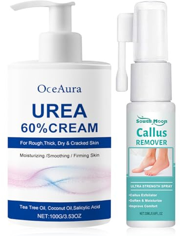 Crema Urea + Spray Peeling Piedi, Crema piedi urea 60 per cento, Spray per Rimozione Calli Piedi, per Pelle Secca, Screpolata, Peeling Esfoliante E Calli Sui