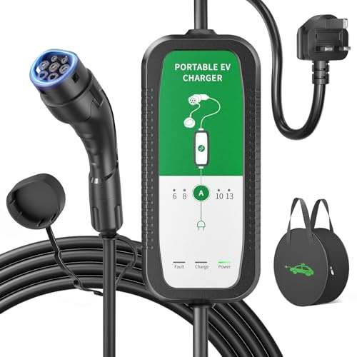 EVJUICION EV Charger Cable Type 2 to 3 Pin Plug 6M, [6/8/10/13A] EV Charger 3kW Portable Electric Car Charger, IP67/IP54 Type 2 Charging Cable 3 Pin with 3 LED Indicator Lights, for EVs & PHEV