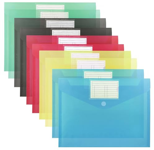 FRETONBA Carpeta Fundas Plastico A4 10 Piezas, Archivadores Plásticos 5 Colores, Portadocumentos Impermeable con Cierres de Velcro y Bolsillo para Etiquetas, Portafolios para Almacenamiento Eficiente