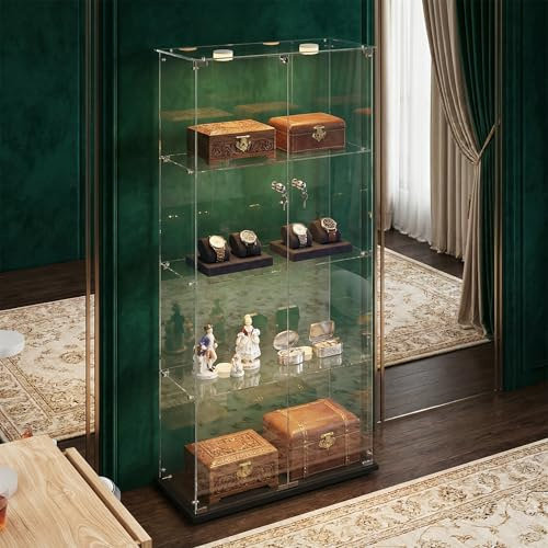 Zorvani Vetrinetta in Vetro,Vetrinetta Espositiva LED,Vetrina Soggiorno Moderna con 4 Ripiani in Vetro con 2Porta e Serratura,Vetrine per Collezionismo,Vetrina negozio (Nero+LED 1, 163x78.5×35cm)