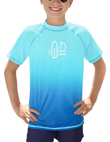BesserBay Jungen UV Shirt UPF 50+ Kinder Rashguard Kurzarm Rundhals Schwimmshirt Badeshirt 110-160