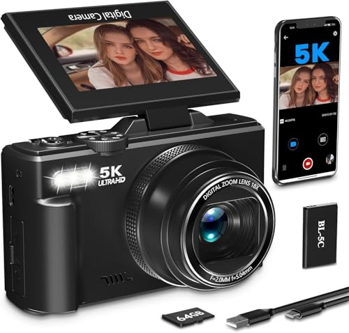 5K Digitalkamera 75MP Kamera – Kompaktkamera für Fotografie & Vlogging mit WLAN, 64GB Karte, 18X Digitalzoom, 3,0 LCD 180° Selfie Klappdisplay, Reise Kamera für YouTube Anfänger Erwachsene (Schwarz)