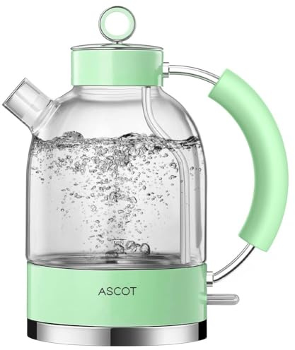 Wasserkocher Glas, ASCOT Elektrischer Wasserkocher Edelstahl, 2200W, 1,5L, leiser Schnellkochkessel, Teekessel, Trockengehschutz und automatische Abschaltung (Hellgrün)