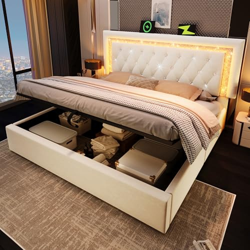 Ktipm Cama Tapizada Matrimonio 140x200 cm con Cabecero LED y Carga USB, Camas Juveniles con Almacenaje Hidráulico, Camas Matrimoniales con Lamas de Madera, Terciopelo, Sin Colchón, Beige