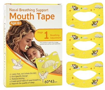 Aezzybe Mouth Tape Antirronquidos para dormir 60 piezas [Etapa 1:Ajuste Respiración], no tejida en forma de labio Myotape Boca Niños 6 años+ y adultos, Parches para Dormir con boca cerrada