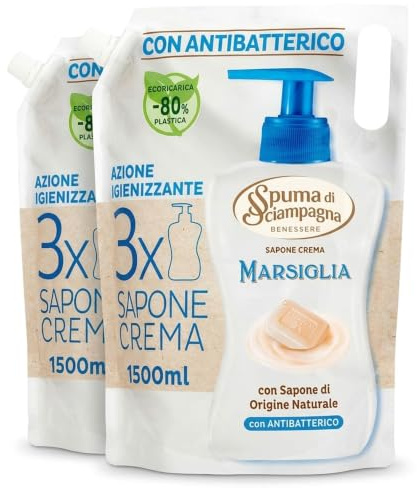 Spuma di Sciampagna Sapone Liquido Mani di Origine Naturale, Ricarica 1300ml, 2 Pezzi, Sapone di Origine Naturale, 2,6 L Totale, Formato Convenienza