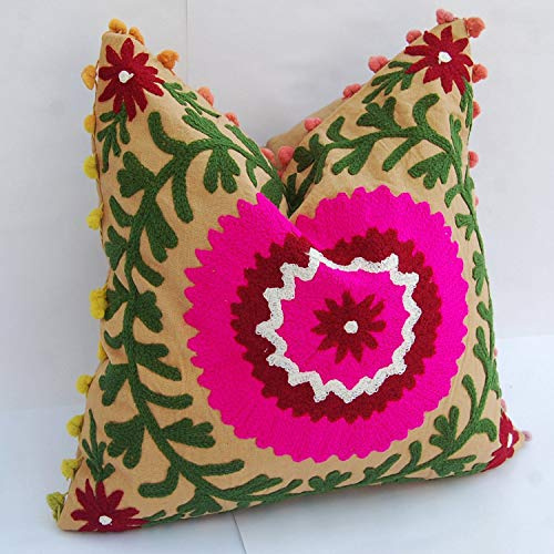 Traditional Jaipur Boho Throw Suzani Pillow, Embroidered Cushion Cover 16x16, Decorative Throw Pillow Case, Indian Pom Pom Outdoor Cushions, Boho Pillow Shams