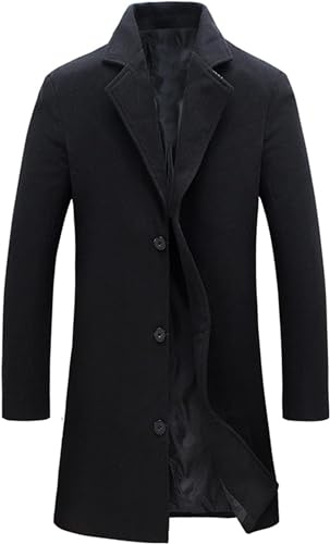 Springrain Herr-rock i ullblandning, enkelknäppt överrock med hakslag, värmande design, trenchcoat för vinter, Svart, XS