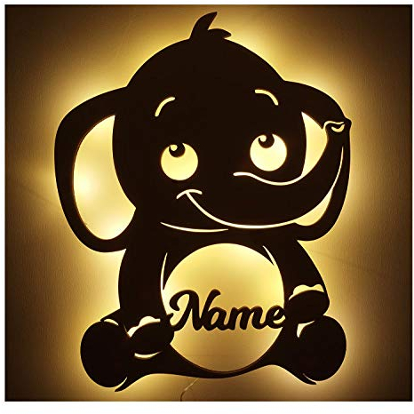 Schlummerlicht Nachtlicht LED Lampe Holz Elefant mit Namen zum Geburtstag Geburt Taufe für Babys Mädchen Junge Erwachsene