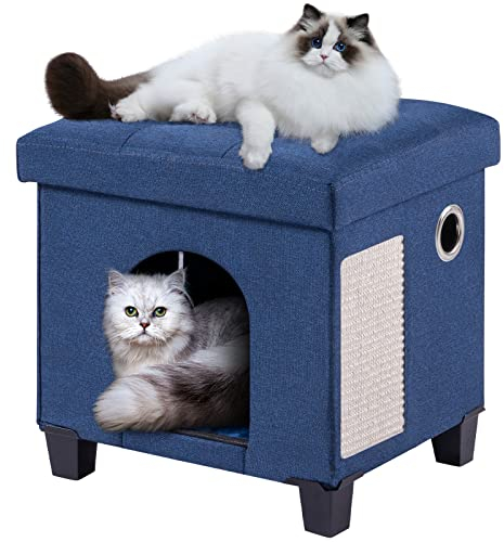 BRIAN & DANY Faltbare Katzenhöhle Große Katzen, Katzenhaus Höhle für Katzen mit Kratzbrett und Spielball, Sitztruhe Sitzhocker Fußhocker mit Holzfüßen 37 x 31.8 x 36 cm, Blau