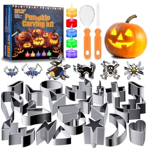 pumpkin Kopotma Carving Kit for Kids and Adults, carve Stencils, 30Pcs Easy and Safe Tools, Halloween Pumpkin Carving Set Cookie Cutters