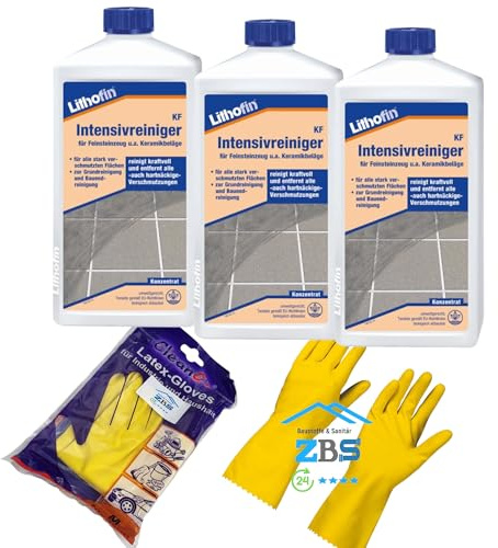 zbs24 Lithofin KF Intensivreiniger, Grundreiniger und regelmäßiger Unterhaltsreiniger, stark beanspruchter Flächen aus keramischen Fliesen und Feinsteinzeug, inkl. Latex Handschuhe Gr. 8 (3 Liter)