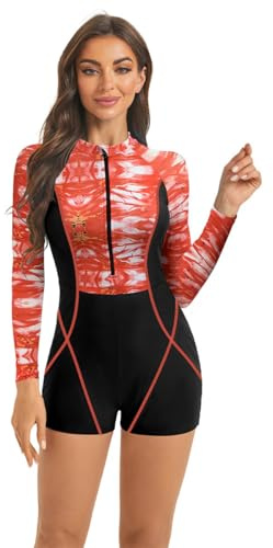 OMEWEE Women One Piece Rash Guard Long Sleeve Swimming Suit for Ladies Marble Print Swimsuit Boyleg Zip Front Wetsuit Round Neck Bathing Suit Surf Holiday Beachwear Red XXL