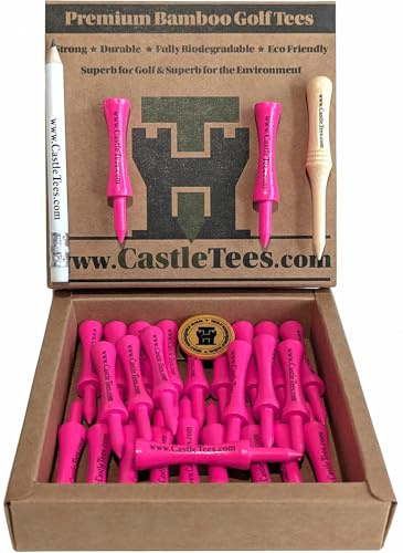 Castle Tees Pink Box – 25 pezzi x 60 mm 2 1⁄3 pollici rosa Premium Bamboo Golf Tees Free Pitch Repair Tool, Ball Marker & Matita. Due volte la forza del bambù normale molto forte. Ottimo regalo da