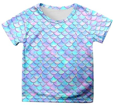 Crew Neck T Shirts Kids School Tee Tops Fish Scales Print Top Cartoon Printed T Shirt Crewneck Summer Tee Shirts for Girl Regular Fit Tshirts for Kids Girls' Short Sleeve (Light Blue, 4-5 Years)