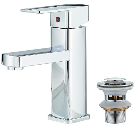 JUNSOTTOOR Rubinetto miscelatore cromato a cascata con scarico pop-up, rubinetto moderno per lavabo da bagno a leva singola, rubinetto in acciaio inox con tubi standard G1/2 UK