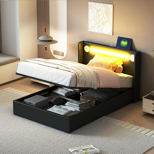 Fppuueg Cama Infantil Cama 90x200 con Luz LED y Puerto USB, Camas Juveniles con Reproductor Bluetooth y Espacio de Almacenaje Hidráulica, Camas Individuales, Negro, PU, Sin Colchón