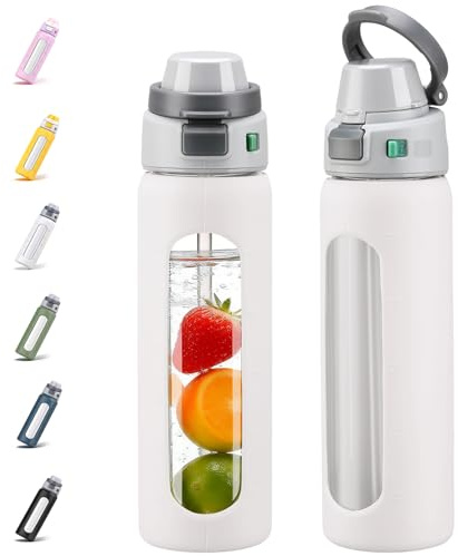 BLUEGO 2-in-1 Borosilikatglas Trinkflasche mit Strohhalm für Sport und Reisen, Trinkflasche 700ml mit Silikonhülle, Auslaufsicher, BPA-frei, Weiß