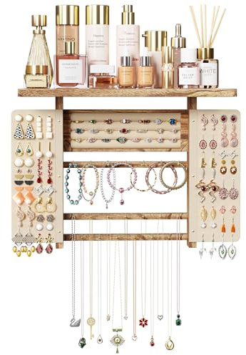 Emfogoo Pendientes, soporte de pared de 4 niveles, soporte para pendientes, soporte de madera con 20 ganchos y bandeja, soporte para joyas de pared para anillos, pulseras, collares (marrón retro)