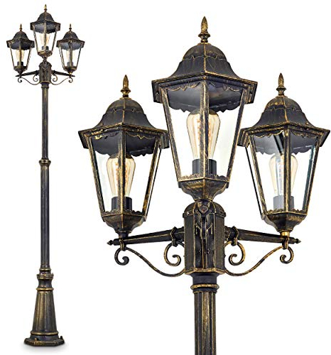 Außenleuchte Hongkong, Kandelaber in antikem Look, Aluguß in Braun/Gold mit Klarglas-Scheiben, 3-armige Wegeleuchte, höhenverstellbar, Retro/Vintage Gartenlampe, E27-Fassung, je max. 60 Watt, IP44