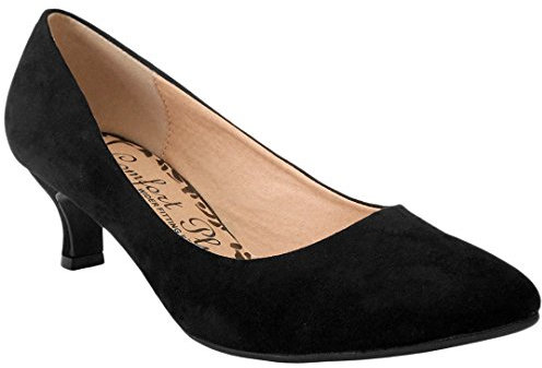 Comfort Plus Ladies Kitten Heels Womens Flexi Sole Court Shoes Pumps Wide E Fitting Classic Casual Formal Wider Fit Work Office Comfy Smart Comfortable Slip On Shoe Low Mid Heel(Black Suede, UK 5)