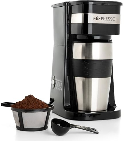 Mixpresso Black Personal Single Serve Coffee Maker with 14oz Travel Mug, Drip Small Coffee Maker with Auto Shut Off, Reusable Filter, Works with Ground Coffee Only – Not for K-Cup Pods