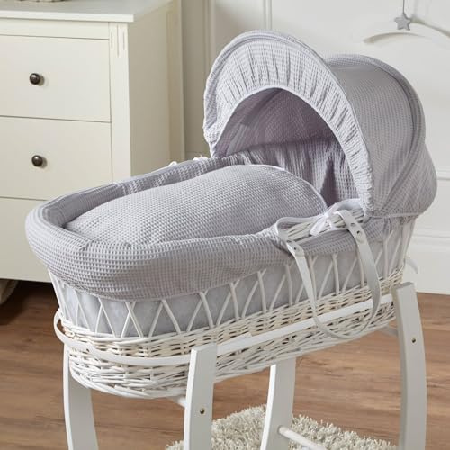 For Your Little One Grey Waffle White Wicker Baby Moses Basket With Mattress